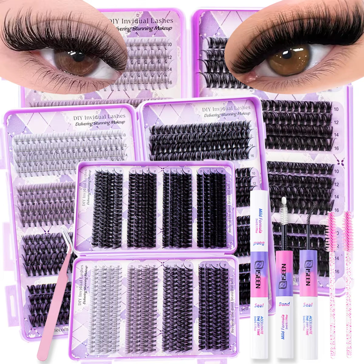 DIY Lash Extension Kit 10-100D Lash Clusters Individual Eyelashes Kit with Lash Bond and Seal Wispy Natural Lashes