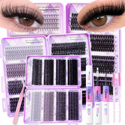 DIY Lash Extension Kit 10-100D Lash Clusters Individual Eyelashes Kit with Lash Bond and Seal Wispy Natural Lashes